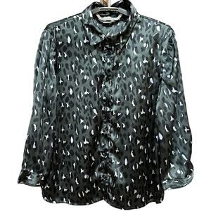 JDY Top Womens 38 US M Green Leopard Button Up Long Sleeve Business Casual